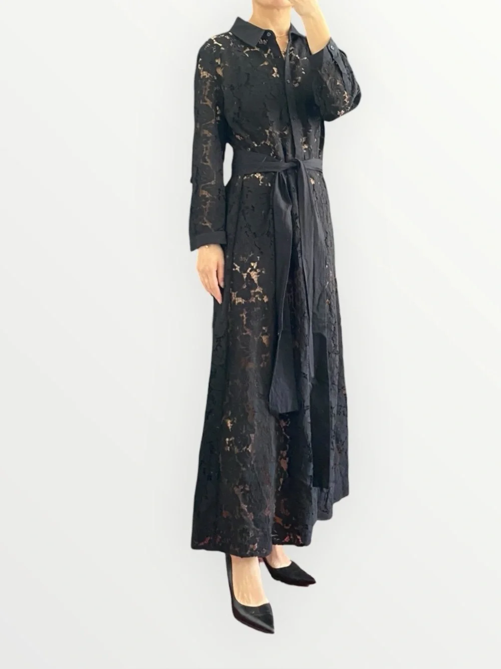 Zara Black Lace Collared Waist Tie Long Dress Size L - Picture 4 of 13
